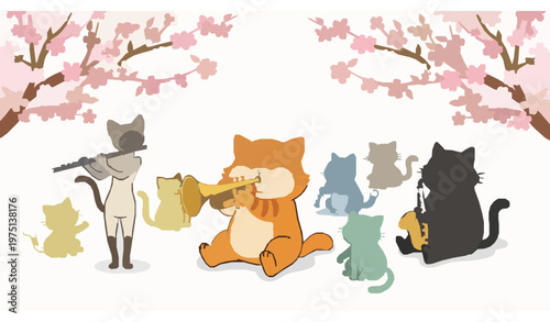 Cute Cartoon Cats Playing Musical Instruments Under Cherry Blossom Trees in Spring