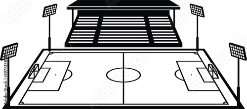 Black and white vector soccer stadium top view with stands floodlights and center circle