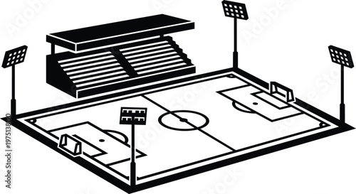 Black and white vector stadium with bleachers floodlights and soccer pitch isometric view