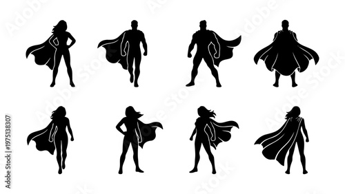 Superhero silhouette collection, 8 black vector icons of male and female heroes with capes, powerful character poses for comic book design