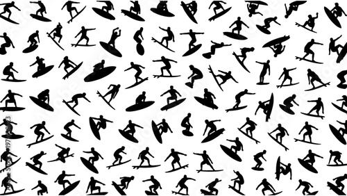 Surfer silhouette pattern vector, black and white surfing background, seamless summer ocean sports texture, athletic surfer figures on boards
