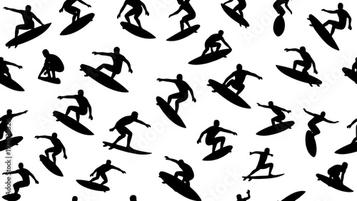 Surfer silhouette seamless pattern, black surfing man on surfboard vector background, extreme water sports repeating texture for summer apparel