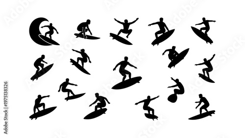 Surfing silhouette collection of 15 vector elements, black surfer figures riding waves on surfboards, extreme water sports action poses for summer design