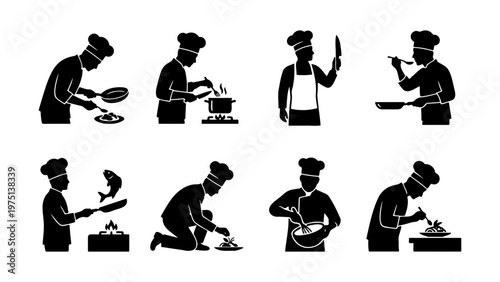 Professional chef silhouette set, 8 culinary expert icons cooking and plating food, black kitchen staff vector collection for restaurant branding
