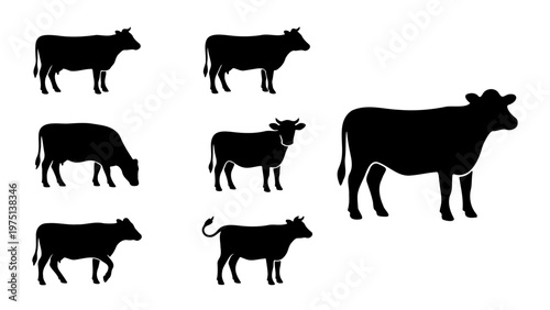 Cow silhouette vector set, black cattle farm animal icons, livestock and dairy cow collection, 7 bovine elements for agriculture design