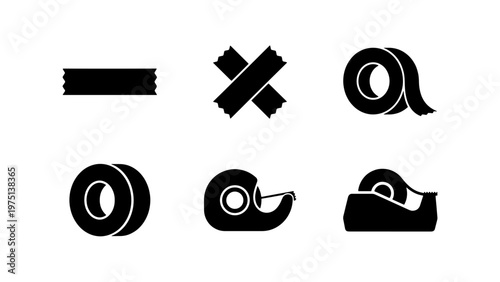 Adhesive tape icon set, black duct tape strips and rolls vector collection, office stationery and packaging supplies, 6 minimalist tape symbols
