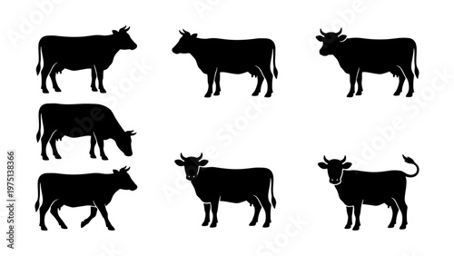 Black cow silhouette collection, set of 7 farm animal vector icons, standing and grazing cattle silhouettes, dairy and beef livestock graphics