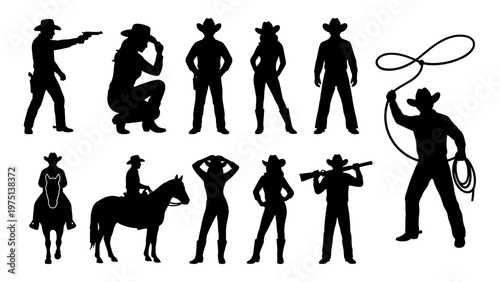 Wild West cowboy silhouettes set, 11 western character vector elements, black cowgirl and gunman figures, horse rider and lasso icons for ranch design