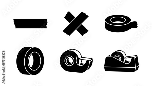 Adhesive tape vector icons set, black masking tape strips and rolls, office stationery dispenser collection, 6 industrial tape elements