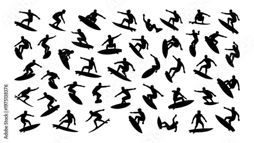 Surfer silhouette collection with 40 icons, black surfing man vector set, extreme water sports athlete figures on white background