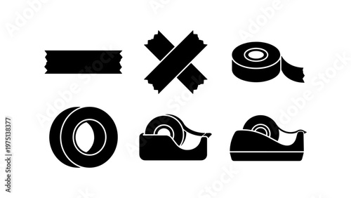 Adhesive tape icon set, black duct tape strips and scotch tape rolls, 6 office stationery vector elements for packaging and shipping