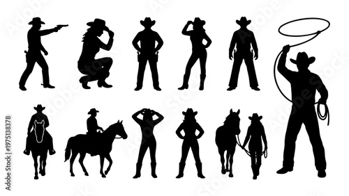 Wild West cowboy silhouettes set, 12 vector elements of western riders and gunfighters, black rancher and cowgirl figures on white background