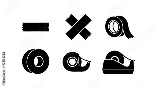 Adhesive tape icon set, black duct tape strips and rolls, 6 vector elements for packaging and office supplies, industrial sticky tape silhouettes