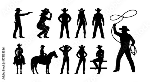 Wild West cowboy silhouettes set, 11 western character vector elements, cowgirl and horse rider black shapes, rodeo lasso and gunfighter icons