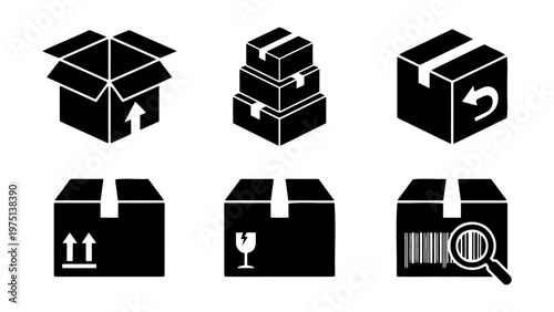 Black cardboard box icons set, shipping and delivery packaging symbols, 6 logistics vector elements for warehouse and e-commerce tracking
