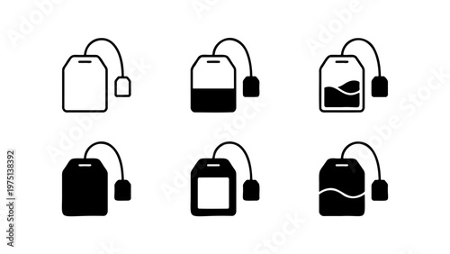 Minimalist tea bag icon set, black and white vector tea bag symbols, collection of 6 beverage brewing line icons for cafe menu and packaging design