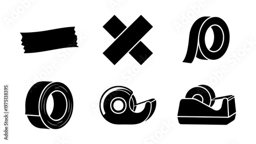 Adhesive tape icons set, black duct tape strips and masking tape rolls, office stationery dispenser vector collection for packaging and repair