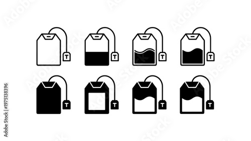 Minimalist tea bag icon set, 8 black and white vector elements for beverage branding, simple linear and solid tea bag symbols for cafe menus
