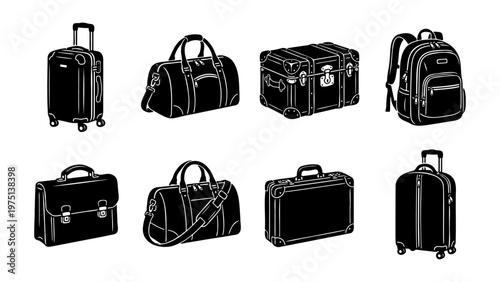 Black travel luggage icons set, 8 vector silhouettes of suitcases and bags, vintage trunk and modern backpack collection for tourism and business trips