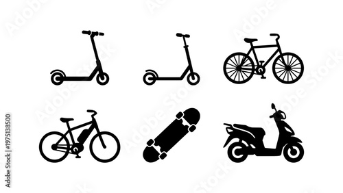 Urban micro-mobility icon set, black silhouette of electric scooter and bicycle, 6 transportation elements for city travel and commuting