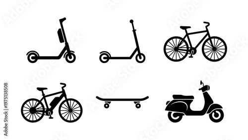 Modern micro mobility icons set, black silhouette electric scooter and bicycle vectors, urban transport elements for city commuting
