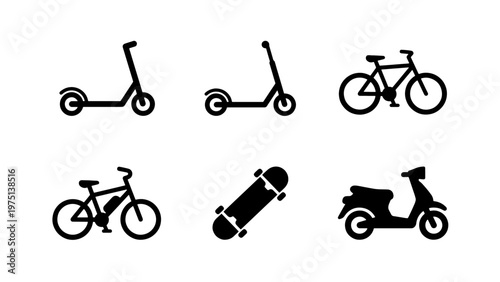 Minimalist micro-mobility icon set, black silhouette transport symbols, collection of 6 vector icons featuring electric scooters, bicycles, skateboard and moped