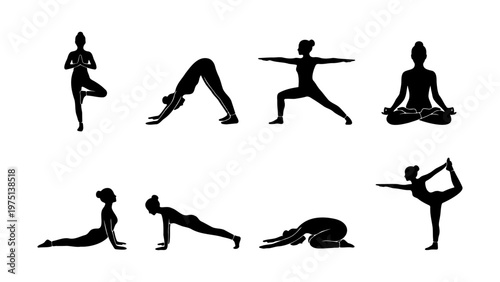 Yoga poses silhouette collection, 8 black female figures in meditation and exercise positions, wellness and fitness vector icons for health apps