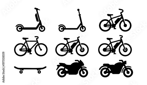 Electric mobility icons set including e-bikes, scooters and motorcycles, black silhouette micro-mobility transport vector, urban commuting vehicle collection