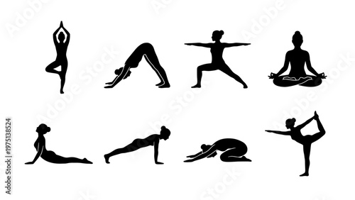 Yoga poses silhouette set of 8 icons, female fitness exercise figures in black, meditation and pilates workout positions for wellness design