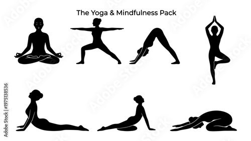 Yoga and mindfulness pack, black female silhouettes in various yoga poses, set of 7 meditation and fitness icons for wellness branding