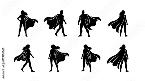 Superhero silhouettes set with 8 male and female characters, powerful hero figures wearing capes, black vector comic book icons for leadership and success
