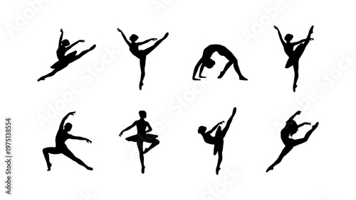 Graceful ballet dancer silhouettes set, 8 elegant ballerina vector icons in various poses, black dancing figures for theater and performance art