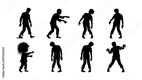 Zombie silhouette collection with 8 undead figures, spooky walking zombie character set, black horror silhouettes for Halloween design