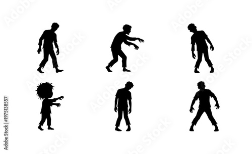 Zombie silhouette collection with 6 undead characters, spooky walking monster silhouettes, black horror figures for Halloween design projects