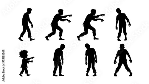 Creepy zombie silhouette set with 8 walking undead figures, spooky horror character collection, black monster silhouettes for Halloween design
