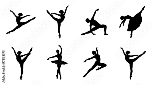 Graceful ballet dancer silhouettes set, 8 black ballerina vector icons in elegant poses, classical dance performance figures for theater posters
