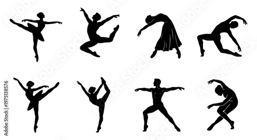 Elegant ballet dancer silhouettes set, 8 black vector icons of professional dancers, graceful ballet poses and contemporary dance movements
