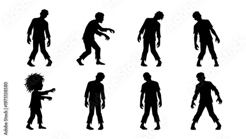 Zombie silhouette collection with 8 undead figures, creepy walking monsters in black vector shapes, horror character set for Halloween design