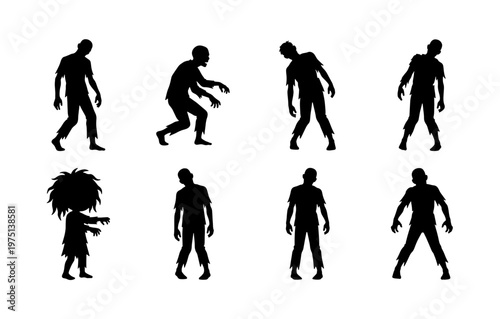 Zombie silhouette collection with 8 undead figures, creepy walking monsters in black vector format, spooky halloween character set for horror design