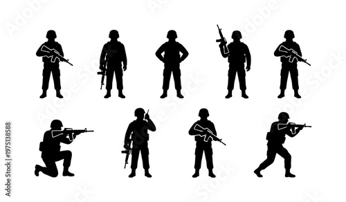 Military soldier silhouettes set, 9 army infantry vector icons, armed special forces personnel in combat poses, tactical war fighter graphics