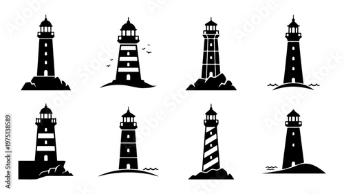 Minimalist lighthouse icon set, black silhouette lighthouse vector collection, 8 nautical beacon symbols on white background, coastal navigation graphics