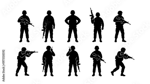 Military soldier silhouettes set, 10 black vector army infantry figures, special forces tactical operators with rifles, armed combat personnel icons