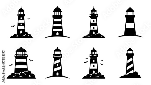Minimalist lighthouse icon set, black silhouette lighthouse vector collection, nautical beacon symbols for maritime branding and coastal logos