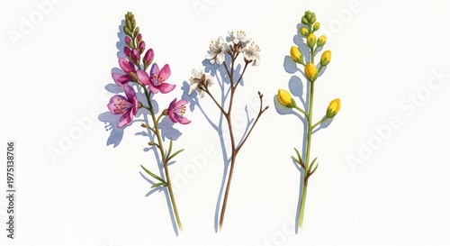 Watercolor illustration of three lupine flower stems with varied colors