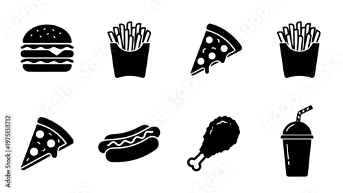 Fast food icons set, black solid vector silhouettes of burger and pizza, collection of 8 junk food symbols for restaurant menus and apps