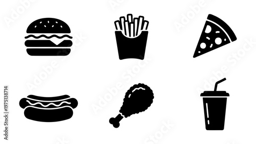 Fast food icon set with black silhouettes, collection of 6 junk food vector elements, minimalist restaurant menu symbols on white background