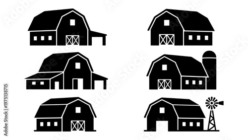 Rustic barn silhouettes set, 6 farm building vector icons, black farmhouse and silo illustrations, traditional countryside barn architecture