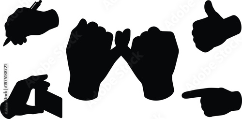 Black and white silhouette pinky promise and assorted hand gestures including writing holding card and thumbs up