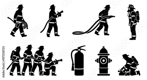 Firefighter silhouette vector set, firemen in protective gear with hoses and equipment, black emergency service icons for fire safety and rescue