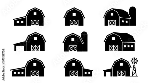 Rustic farm barn icons set, black silhouette agricultural building symbols, 9 rural farmhouse and silo vector illustrations for ranch branding